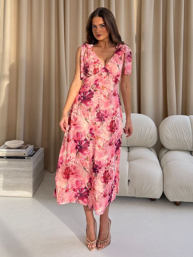 Girl In Mind Pink Beverly Floral Tie Shoulder Midi Dress - Image 1 of 5 Girl In Mind Pink Beverly Floral Tie Shoulder Midi Dress - Image 1 of 5