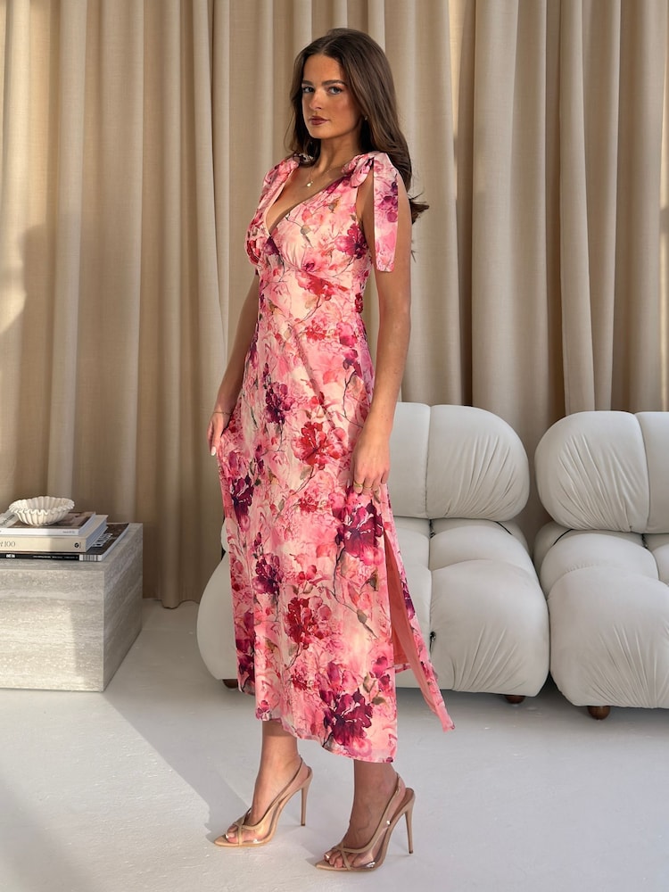 Girl In Mind Pink Beverly Floral Tie Shoulder Midi Dress - Image 5 of 5 Girl In Mind Pink Beverly Floral Tie Shoulder Midi Dress - Image 5 of 5