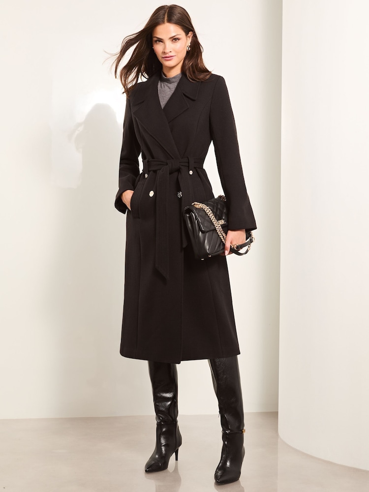 Lipsy Black Double Breasted Long Line Belted Coat - Image 1 of 4