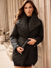 Lipsy Black Shower Resistant Quilted Wrap Padded Coat - Image 1 of 6