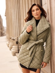Lipsy Khaki Green Shower Resistant Quilted Wrap Padded Coat - Image 1 of 6