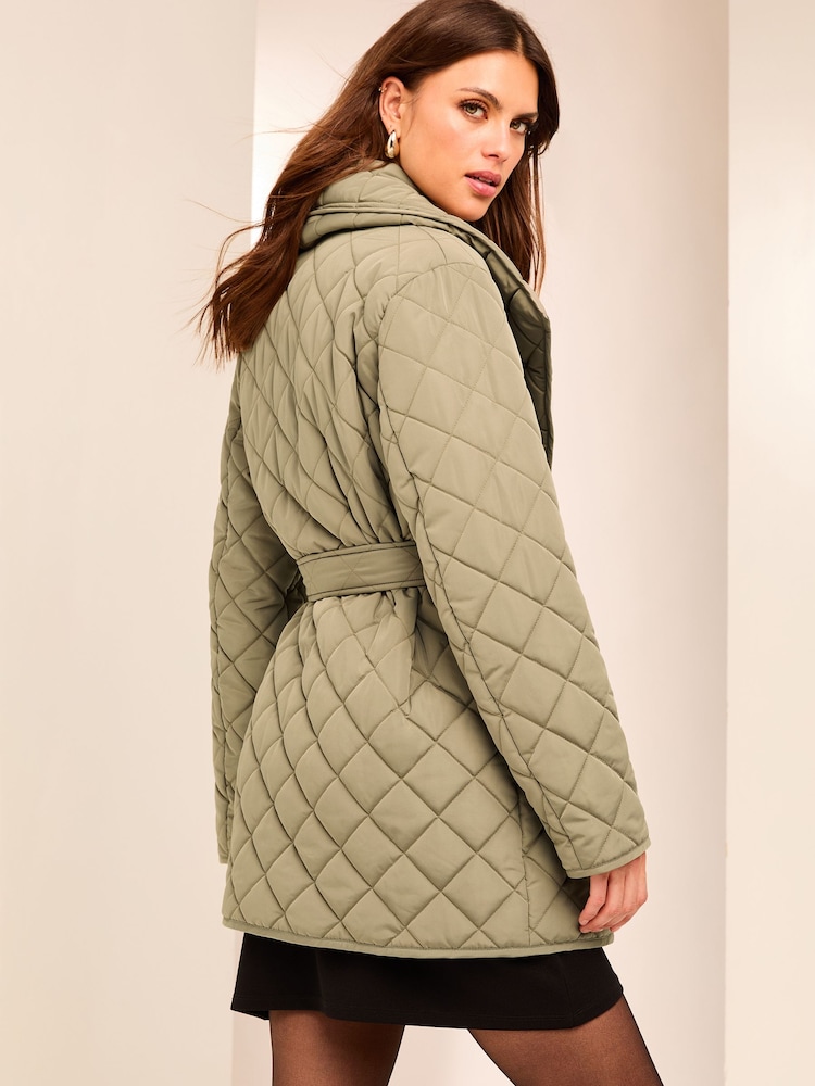 Lipsy Khaki Green Shower Resistant Quilted Wrap Padded Coat - Image 6 of 6