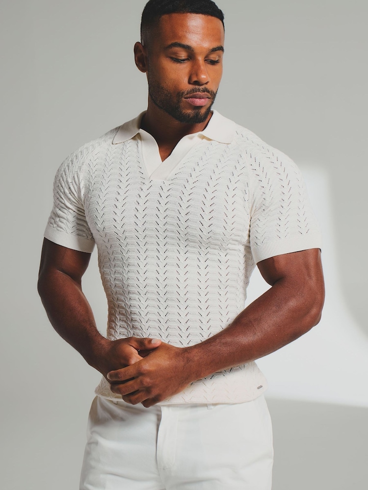 Tailored Athlete Cream Muscle Fit Pointelle Knitted Open Collar Polo Shirt - Image 1 of 6 Tailored Athlete Cream Muscle Fit Pointelle Knitted Open Collar Polo Shirt - Image 1 of 6