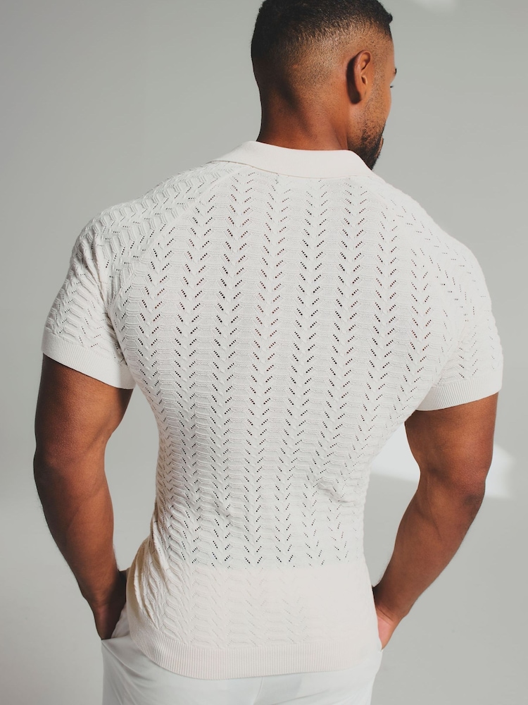 Tailored Athlete Cream Muscle Fit Pointelle Knitted Open Collar Polo Shirt - Image 2 of 6 Tailored Athlete Cream Muscle Fit Pointelle Knitted Open Collar Polo Shirt - Image 2 of 6
