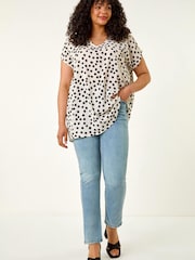 Roman Black Curve Spot Print Cocoon Stretch Top - Image 2 of 5