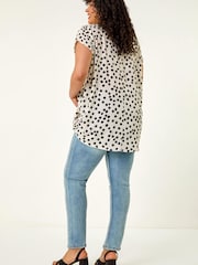 Roman Black Curve Spot Print Cocoon Stretch Top - Image 3 of 5