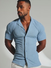 Tailored Athlete Blue Muscle Fit Textured Cuban Collar Shirt - Image 1 of 4
