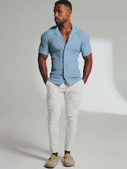 Tailored Athlete Blue Muscle Fit Textured Cuban Collar Shirt - Image 3 of 4