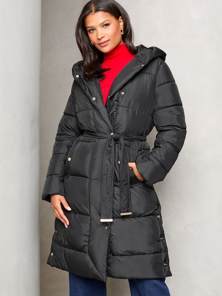 Lipsy Black Shower Resistant Belted Padded Coat - Image 1 of 4