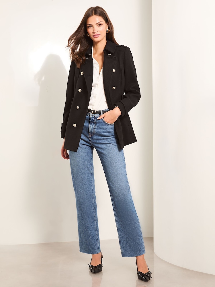 Lipsy Black Short Belted Military Coat With Wool - Image 2 of 4