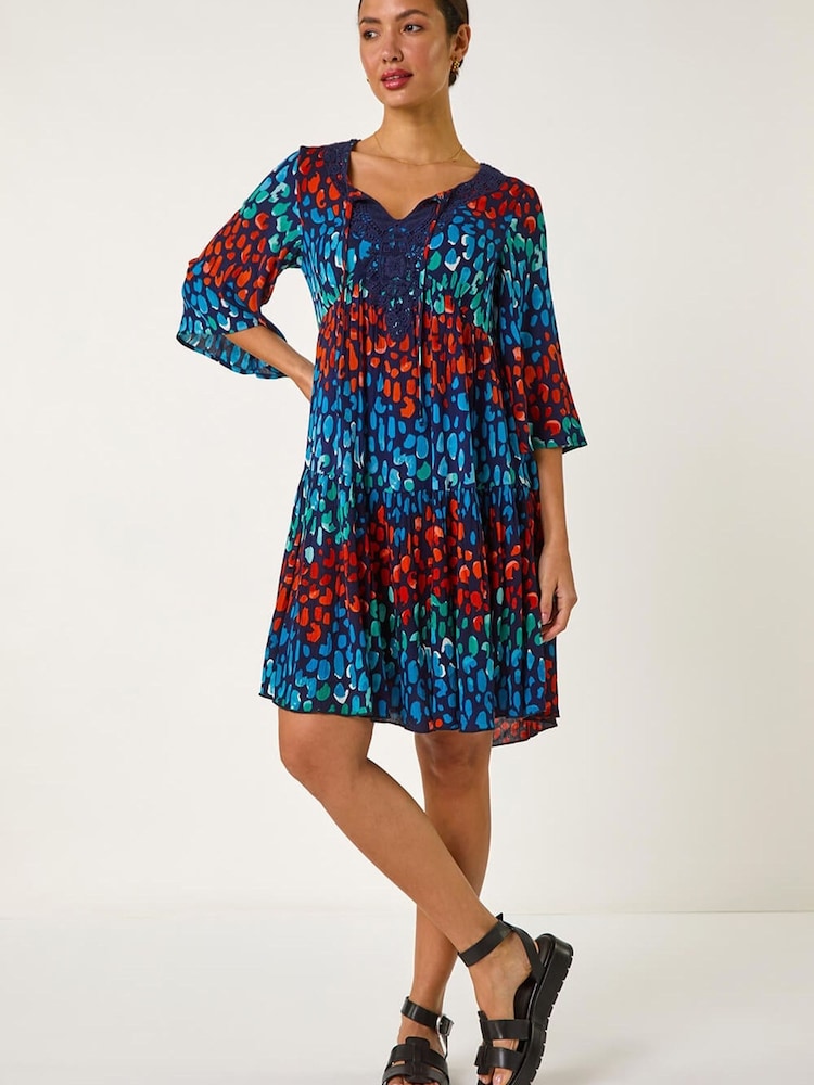 Roman Blue Abstract Spot Print Lace Trim Dress - Image 1 of 5 Roman Blue Abstract Spot Print Lace Trim Dress - Image 1 of 5