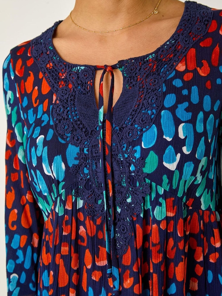 Roman Blue Abstract Spot Print Lace Trim Dress - Image 5 of 5 Roman Blue Abstract Spot Print Lace Trim Dress - Image 5 of 5