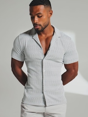 Tailored Athlete White Muscle Fit Textured Geo Cuban Collar Shirt - Image 1 of 6