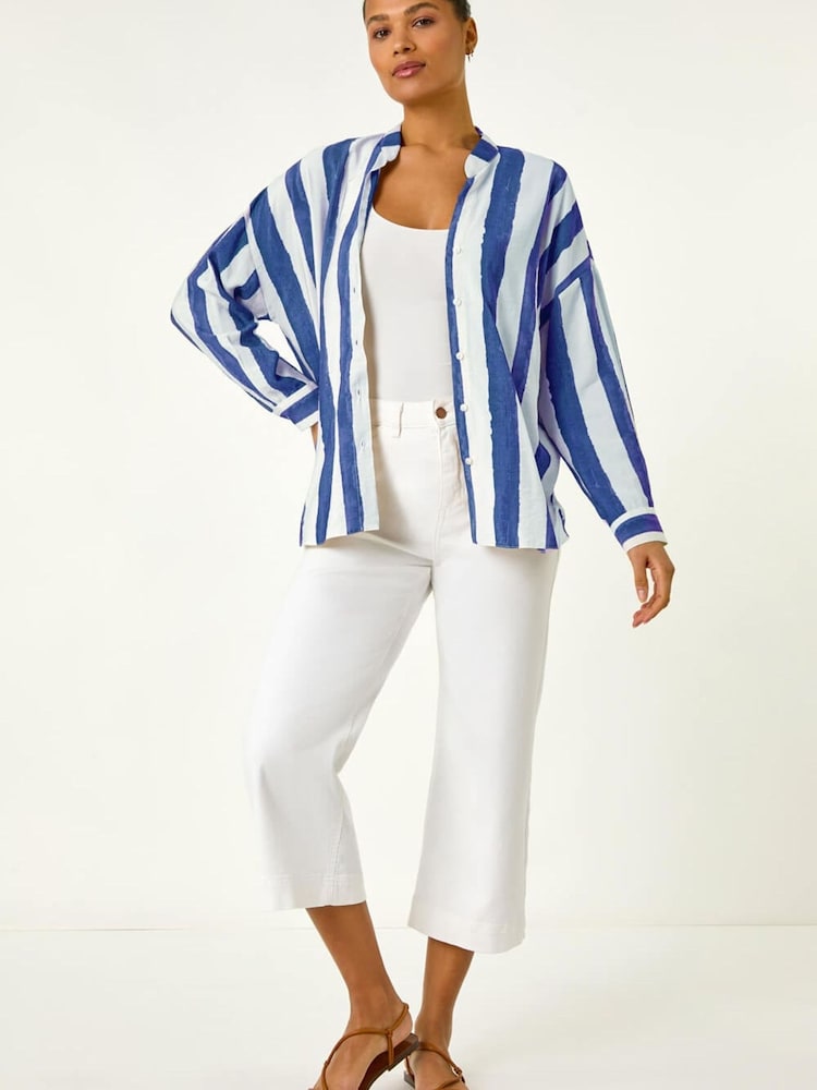 Roman Blue Stripe Print Relaxed Button Shirt - Image 1 of 5 Roman Blue Stripe Print Relaxed Button Shirt - Image 1 of 5
