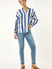 Roman Blue Stripe Print Relaxed Button Shirt - Image 4 of 5