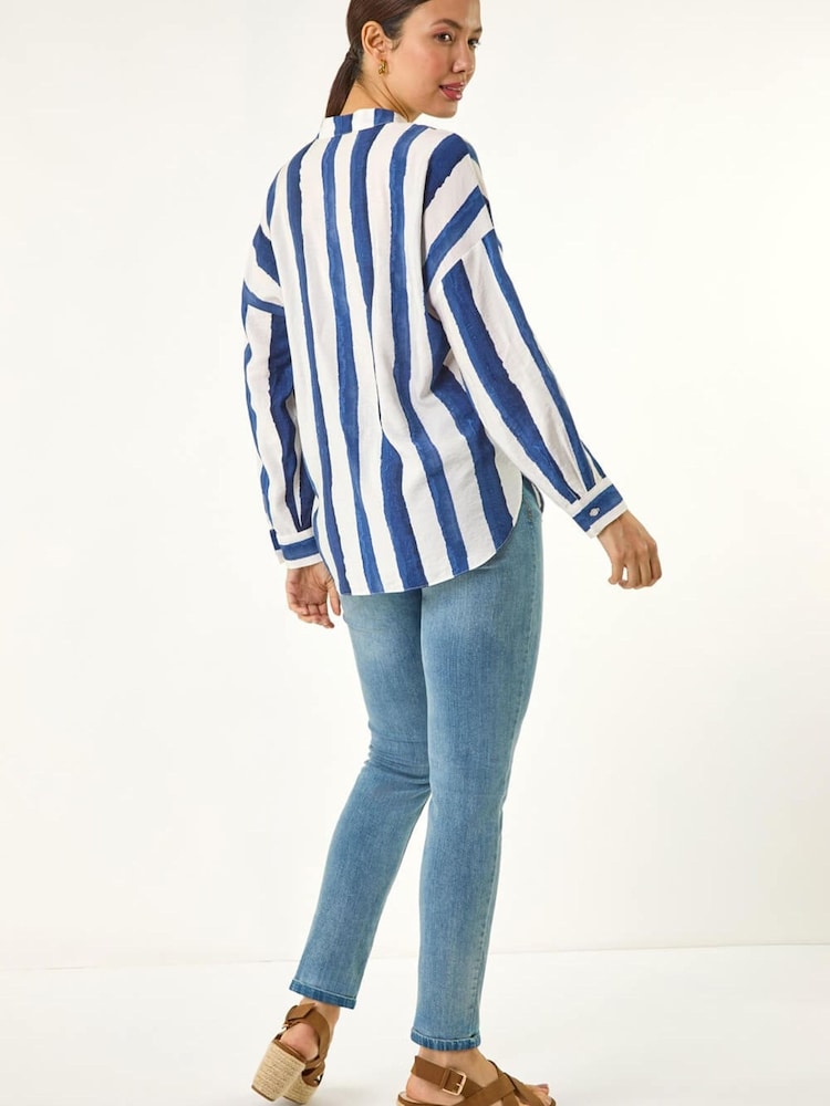 Roman Blue Stripe Print Relaxed Button Shirt - Image 5 of 5 Roman Blue Stripe Print Relaxed Button Shirt - Image 5 of 5