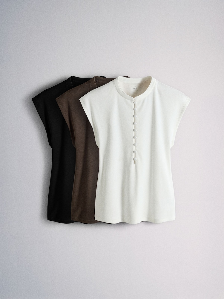 The Set 3 Pack Mandarin Collar Shirts Black/Cream/Brown - Image 1 of 10