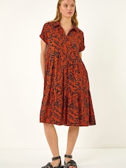 Roman Red Leaf Print Collared Smock Dress - Image 2 of 5