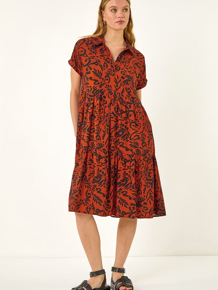 Roman Red Leaf Print Collared Smock Dress - Image 2 of 5