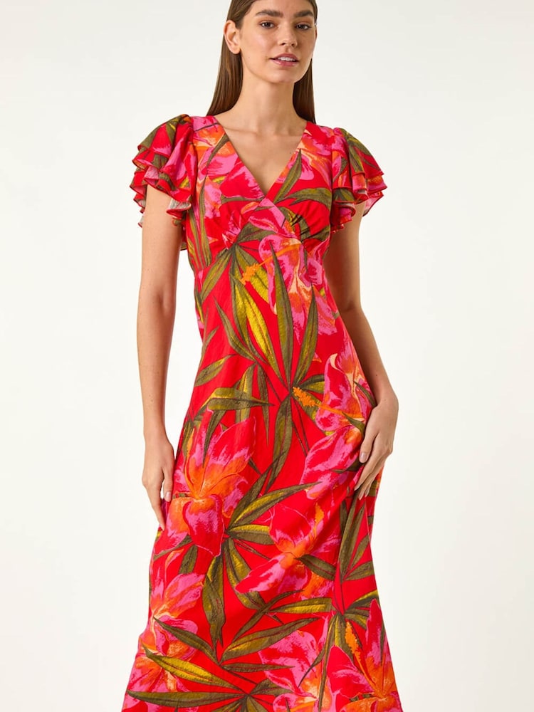 Roman Red Leaf Print Frill Midi Dress - Image 1 of 5 Roman Red Leaf Print Frill Midi Dress - Image 1 of 5