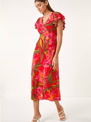 Roman Red Leaf Print Frill Midi Dress - Image 2 of 5