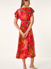 Roman Red Leaf Print Frill Midi Dress - Image 3 of 5