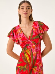 Roman Red Leaf Print Frill Midi Dress - Image 4 of 5