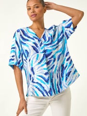 Roman Blue Animal Print Pleated Tunic Top - Image 1 of 5
