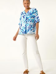 Roman Blue Animal Print Pleated Tunic Top - Image 2 of 5