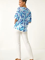 Roman Blue Animal Print Pleated Tunic Top - Image 3 of 5