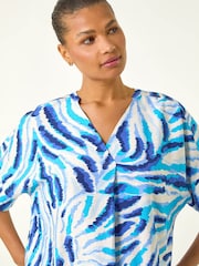 Roman Blue Animal Print Pleated Tunic Top - Image 5 of 5