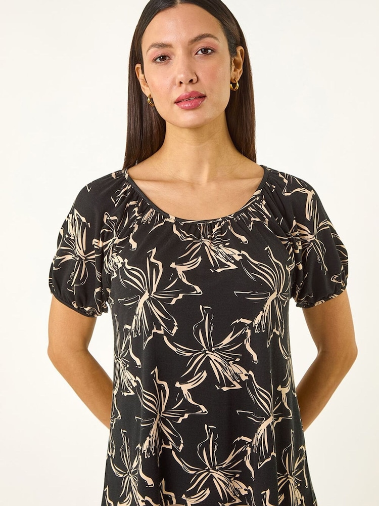 Roman Black Leaf Print Asymmetric Stretch Tunic Top - Image 1 of 5 Roman Black Leaf Print Asymmetric Stretch Tunic Top - Image 1 of 5
