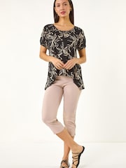 Roman Black Leaf Print Asymmetric Stretch Tunic Top - Image 2 of 5