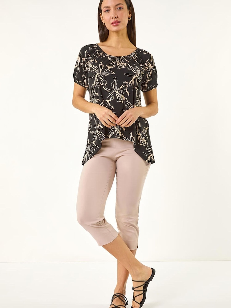 Roman Black Leaf Print Asymmetric Stretch Tunic Top - Image 2 of 5 Roman Black Leaf Print Asymmetric Stretch Tunic Top - Image 2 of 5