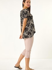 Roman Black Leaf Print Asymmetric Stretch Tunic Top - Image 3 of 5