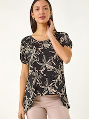 Roman Black Leaf Print Asymmetric Stretch Tunic Top - Image 4 of 5