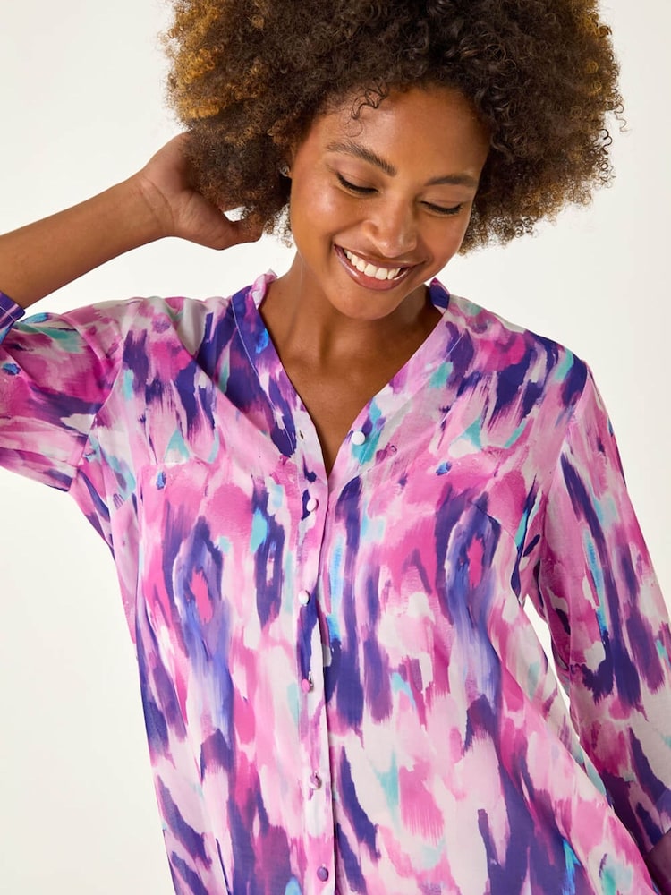 Roman Purple Blurred Print Frill Blouse - Image 1 of 5 Roman Purple Blurred Print Frill Blouse - Image 1 of 5