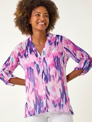 Roman Purple Blurred Print Frill Blouse - Image 3 of 5