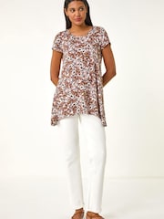 Roman Brown Animal Print Hanky Hem Stretch Top - Image 1 of 5