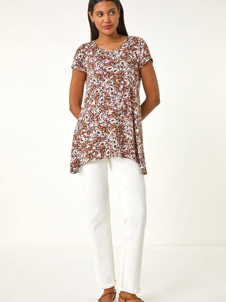 Roman Brown Animal Print Hanky Hem Stretch Top - Image 1 of 5