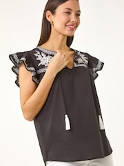 Roman Black Embroidered Tie Front Top - Image 2 of 5