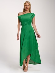 Jolie Moi Green Textured Asymmetric One Shoulder Maxi Dress - Image 4 of 6