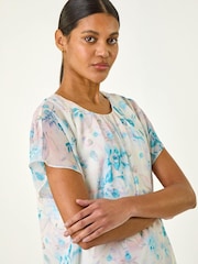 Roman Blue Floral Print Bubble Hem Top - Image 4 of 5