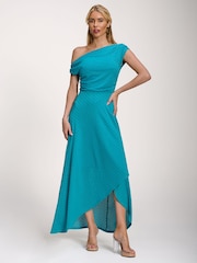 Jolie Moi Blue Textured Asymmetric One Shoulder Maxi Dress - Image 4 of 6