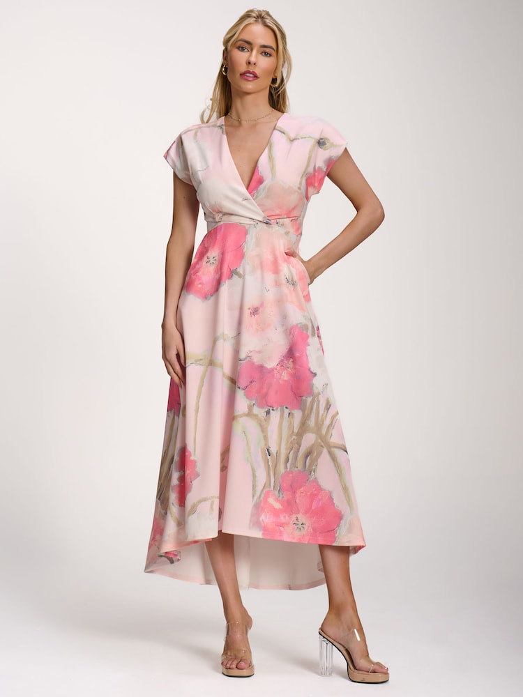 Jolie Moi Pink Printed Scuba Dipped Hem Midi Dress - Image 1 of 6 Jolie Moi Pink Printed Scuba Dipped Hem Midi Dress - Image 1 of 6