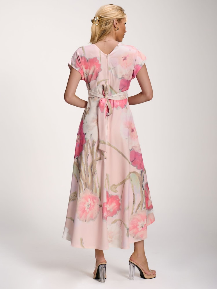 Jolie Moi Pink Printed Scuba Dipped Hem Midi Dress - Image 2 of 6 Jolie Moi Pink Printed Scuba Dipped Hem Midi Dress - Image 2 of 6