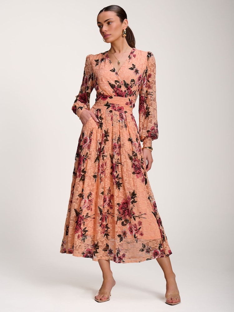 Jolie Moi Orange Long Sleeve Printed Lace Midaxi Dress - Image 1 of 6