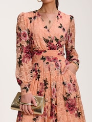 Jolie Moi Orange Long Sleeve Printed Lace Midaxi Dress - Image 3 of 6