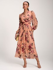 Jolie Moi Orange Long Sleeve Printed Lace Midaxi Dress - Image 4 of 6