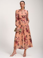 Jolie Moi Orange Long Sleeve Printed Lace Midaxi Dress - Image 6 of 6